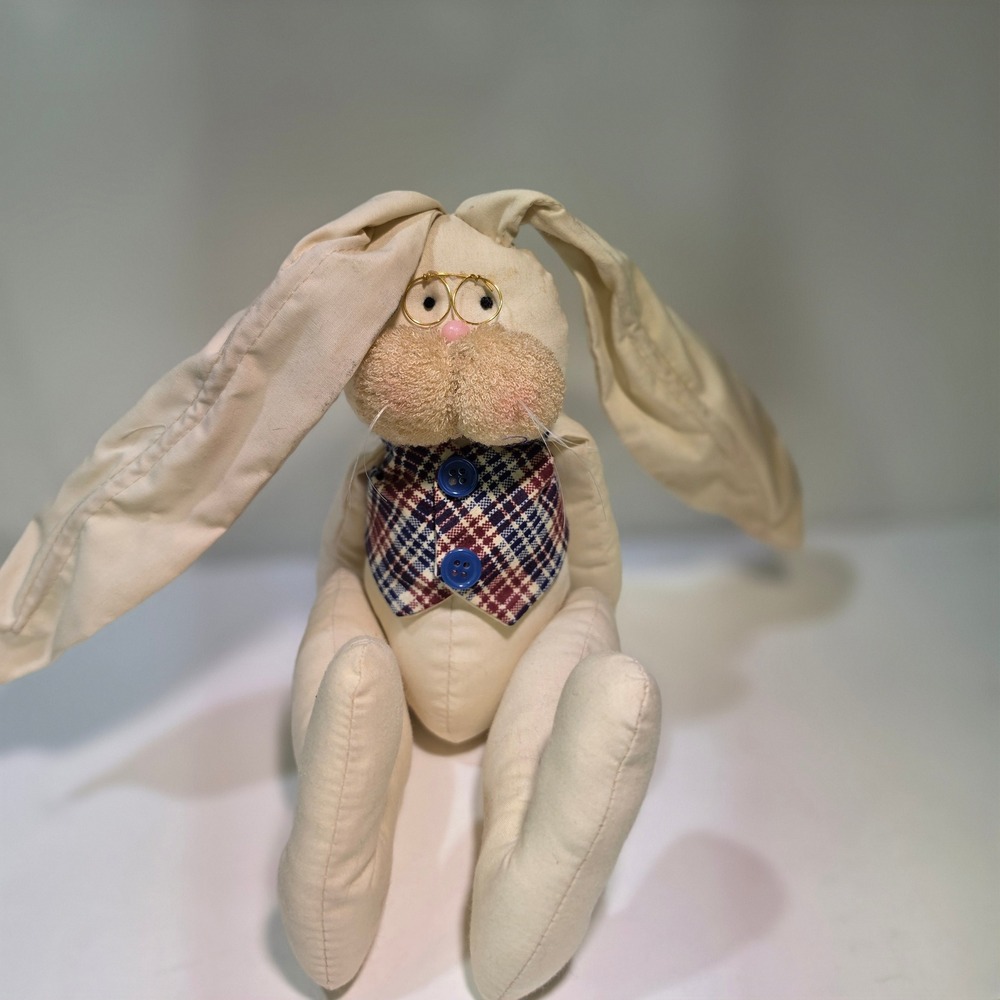 Vtg Country Fabric Bunny Rabbit Plush Glasses Plaid Vest Poseable Ears Doll 14"